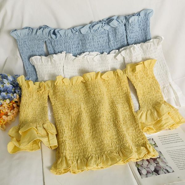 

women's blouses & shirts french style woman one word collar shoulder exposed wooden ear edge pleated small blouse korean version short, White