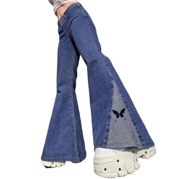 

jeans women butterfly print patchwork streetwear flare pants fashion street hit color denim trousers s605 women's, Blue
