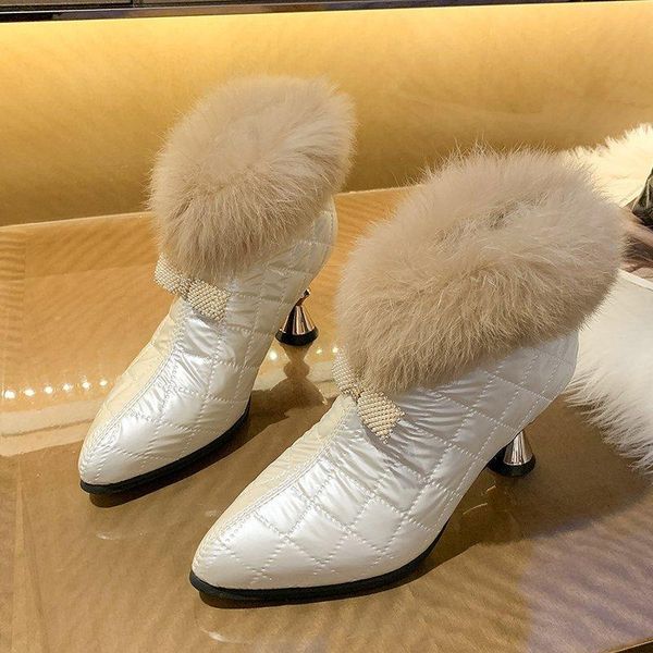 

boots lucyever elegant crystal bow .5 cm high heels womens winter fluffy plush ankle for women pointed toe pu, Black