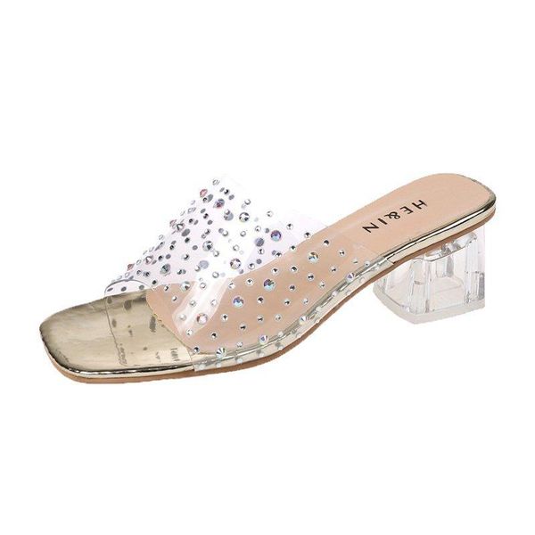 

slippers summer clear transparent crystal ladies shoes women woman mules thick high heels casual plus size, Black