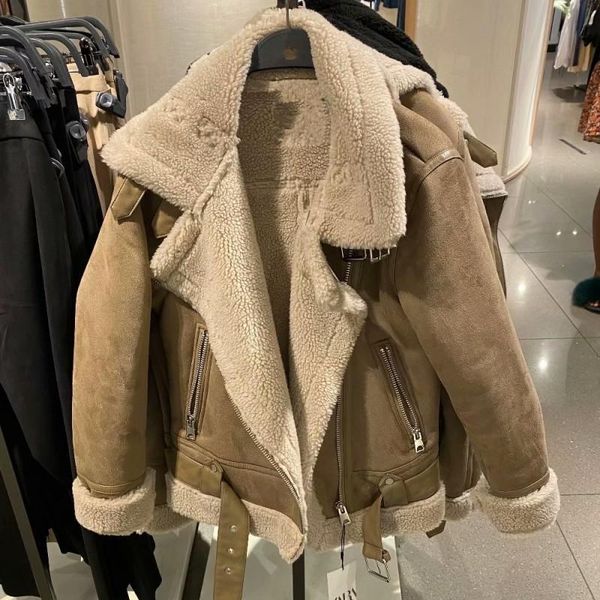 

women's leather & faux winter women thick warm suede lamb jacket short motorcycle brown coats shearling sheepskin jackets outwear, Black