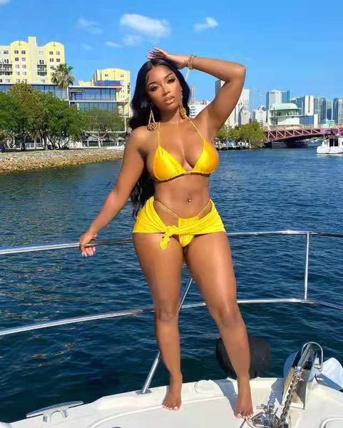 

women's tracksuits 2021 european and american fashion summer style bikini neck swimsuit solid color three-piece set, Gray