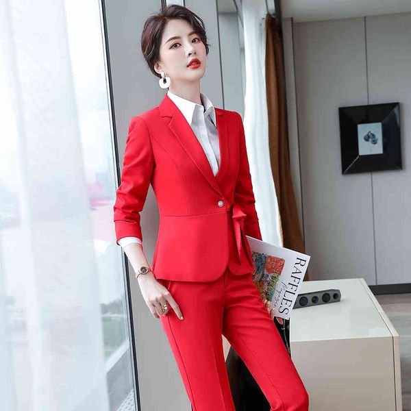 

pant elegant woman pantsuit with bow for airplane work 2 piece joint spring red fall black ankle length pants and blazer jacket, White