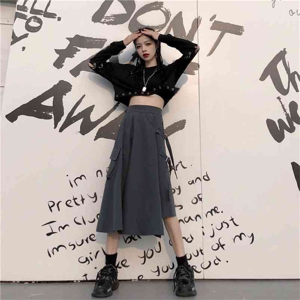 

spring summer women's skirts hong kong style retro solid color irregular loose slim pocket female gx608 210507, Black