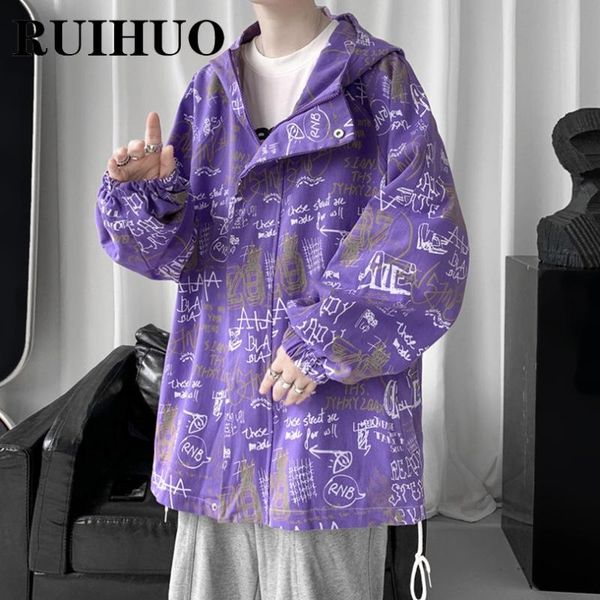 

men's jackets ruihuo print hoodie varsity jacket men coats korean style windbreaker streetwear 2xl 2021 autumn arrivals, Black;brown