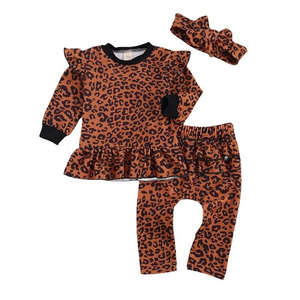 

clothing sets 3 pcs baby's cotton suit round neck long flying sleeve falbala pullover, leopard loose trousers bow headband daily life, White