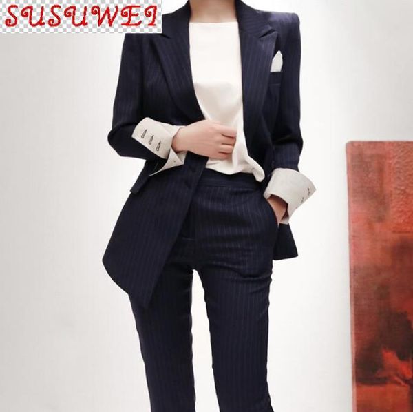 

professional women's suit pants two-piece office work clothes long sleeve striped ladies jacket temperament trousers two piece, White