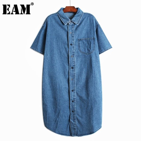 

[eam] women blue big size pockets denim shirt dress lapel short sleeve loose fit fashion spring summer 1dd6600 210512, Black;gray
