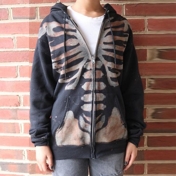 

women's hoodies & sweatshirts grunge gothic skeleton print zip-up 90s vintage long sleeve oversized sweatshirt y2k women autumn coat fe, Black