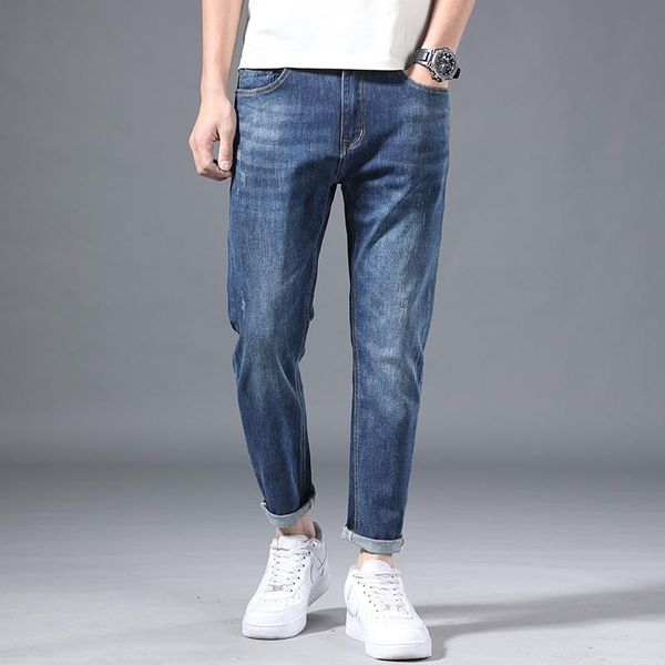 

jeans men's nine-point slim stretch pants for male high-end fashion brand trend spring and summer thin section, Blue