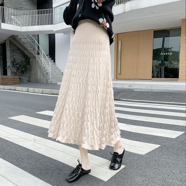 

soft warm loose women a-line skirts casual elastic waist female solid color ruched knitted autumn winter 2021, Black