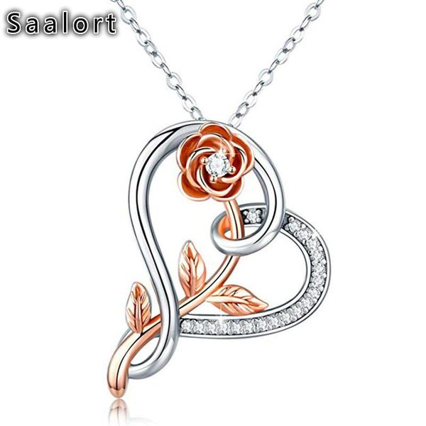 

love heart shape pendant with rose flower crystal necklace chain womens charm couple gifts wedding fashion jewelry for girl necklaces, Silver
