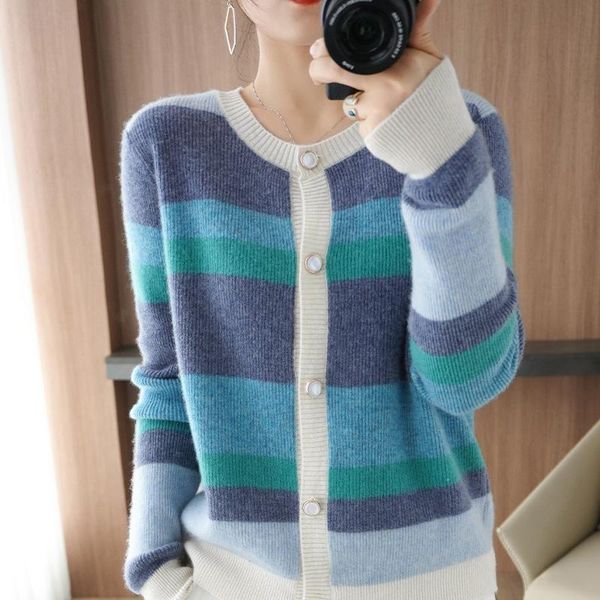 

women's knits & tees o-neck cardigan sweater ladies long-sleeved short 100% pure wool high-end comfortable autumn and winter cashmer, White