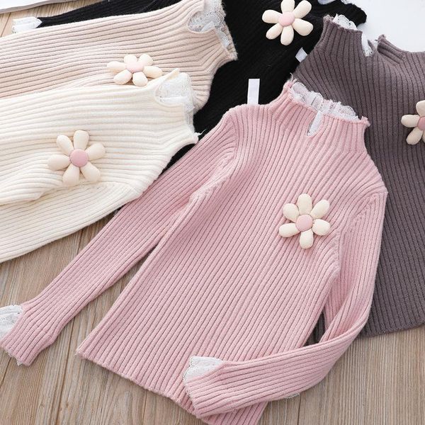 

pullover girls sweater autumn and winter lace stitching fake two-piece knitted bottoming shirt, Blue