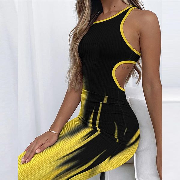

casual dresses women sleeveless o neck slim bodycon beach dress hollow out vest ribbed party summer elegant office lady, Black;gray