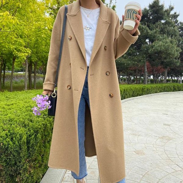 

women's wool & blends temperament autumn 2021 korean handmade loose double breasted long 100% coat women size woolen overcoat, Black