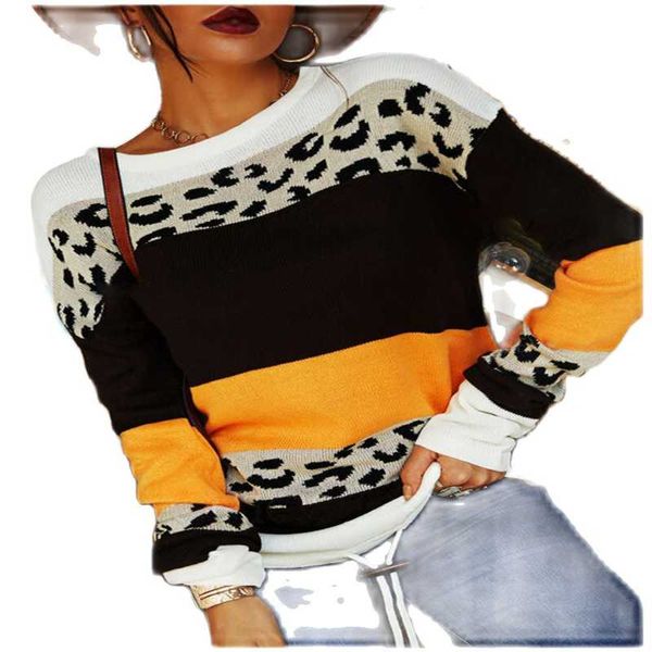 

women's sweaters autumn 2021 europe-usa style pullovers women/girl o-neck leopard color matching splicing long sleeve loose kniting swe, White;black