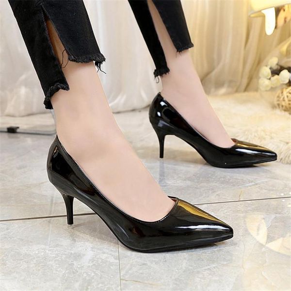 

dress shoes women pumps black high heels 8cm lady patent leather shallow thin autumn pointed office single slip-on female