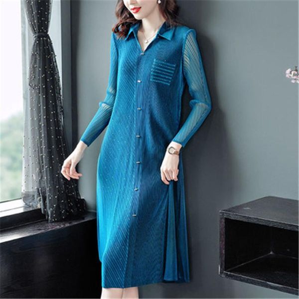 

casual dresses miyake pleated dress women 2021 early autumn models lapel long-sleeved stretch slim slimming mid-length women's clothing, Black;gray