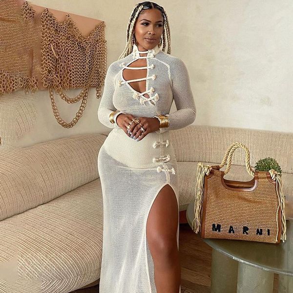 

casual dresses wsevypo cheongsam style see through hollow qipao dress women long sleeve high split midi chinese vestidos, Black;gray