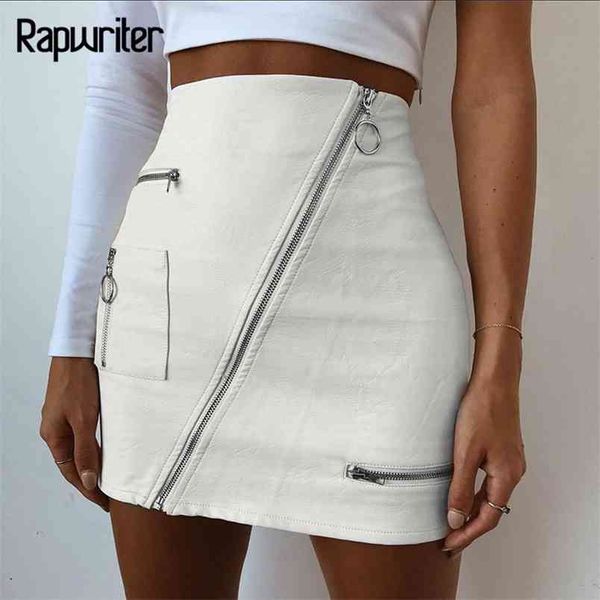 

rapwriter fashion solid ring zipper pencil pu skirts women casual high waist pocket leather mini skirt saias falda 210408, Black
