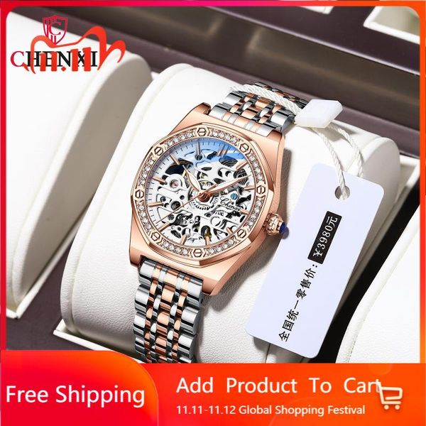 

wristwatches chenxi -seller on douyin same watch female lady fashion hollowed-out automatic mechanical waterproof luminous, Slivery;brown