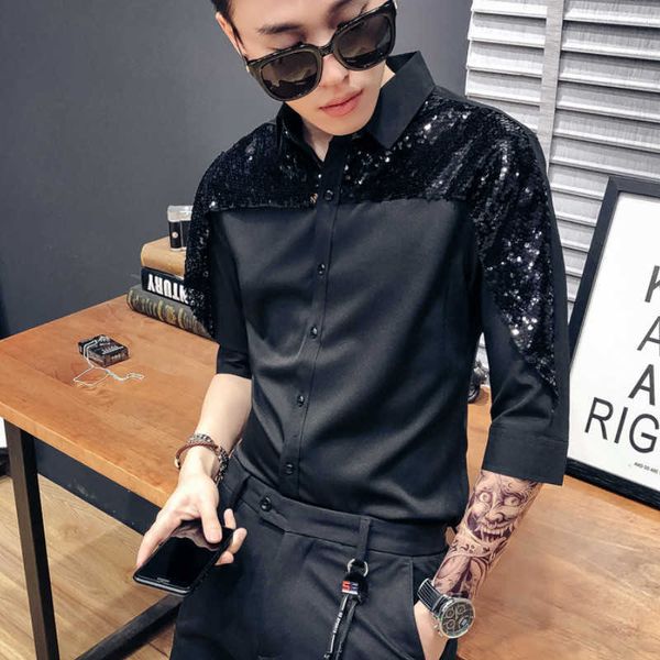 

sequin tuxedo shirts men casual slim fit long sleeve mens dress shirts night club party prom streetwear clothing social shirt 210527, White;black