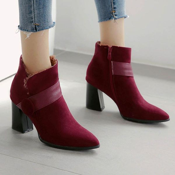 

boots high heel women 2021 winter pointed toe wine ankle for shoes female square short botas mujer, Black