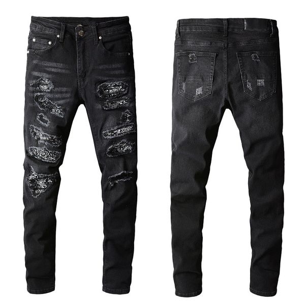 Mens Jeans Designer Jean Man Оптовая торговля BRACK BLACK Вышитые Разорванные отверстия скейтборд Сращивание прямых мотоциклов Biker Strack Slim Hip Hop Джинсовые тощие брюки