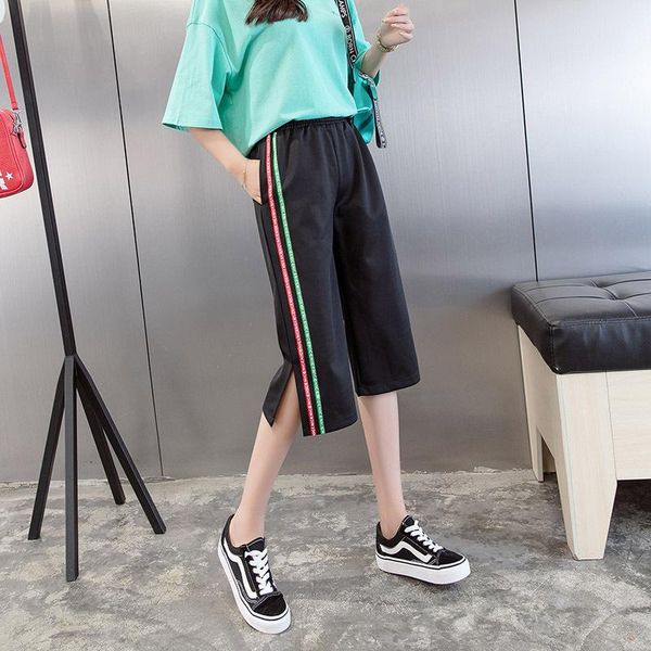 

bifurcation wide-leg pants women 2021 summer fashion loose plue size calf-length pant female elastic waist casual trousers women's & ca, Black;white