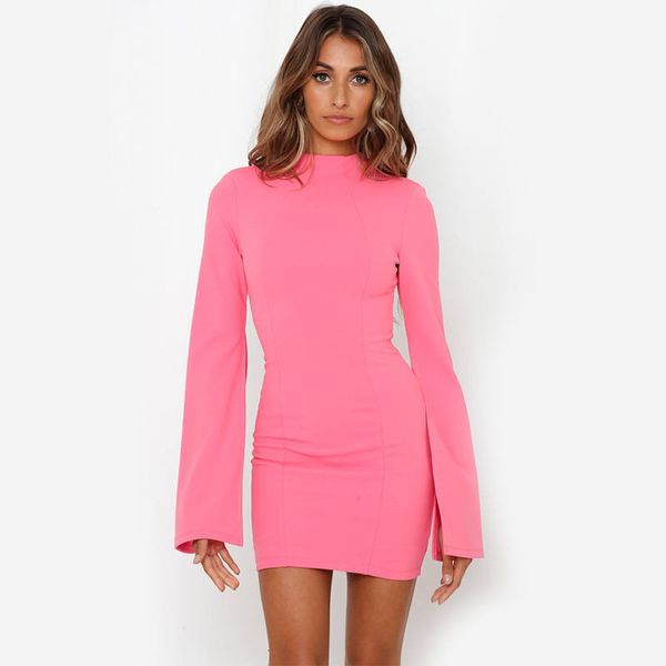 

autumn long clothing crew neck casual bodycon bell sleeve dresses womens fashion, Black;gray