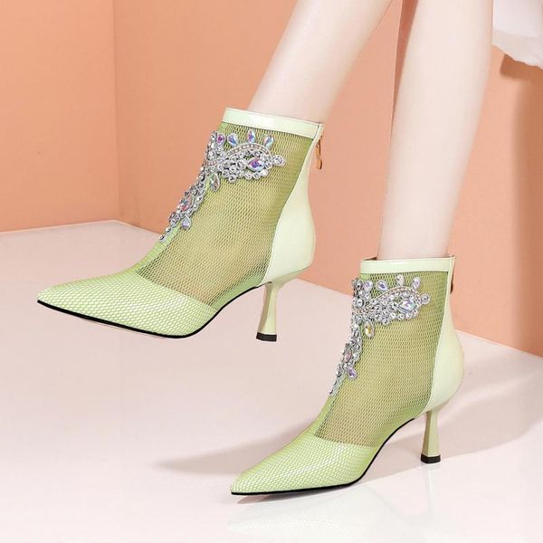 

boots johnature summer 2021 women shoes genuine leather zip pointed toe crystal thin heels mesh handmade platform, Black