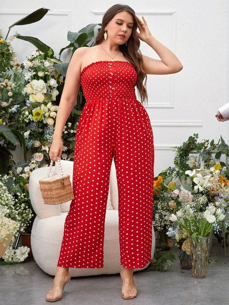 

plus polka dot frill shirred fake button tube wide leg jumpsuit k0lr#, Black