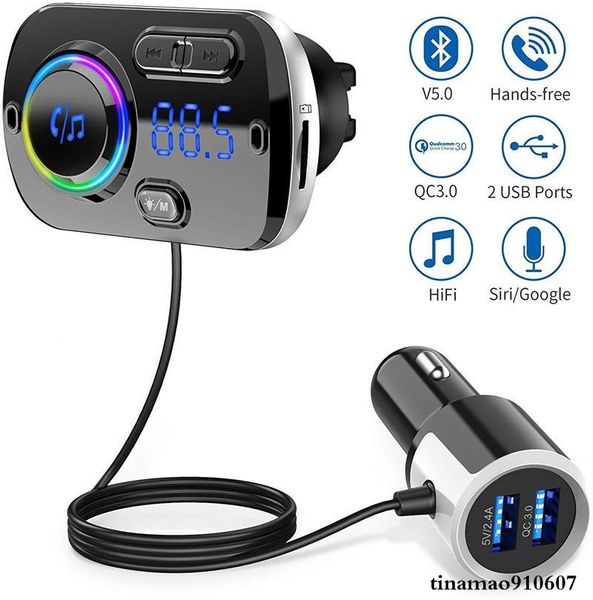 Transmetteur Bluetooth Kit FM de voiture Mains libres QC 3.0 Récepteur audio AUX sans fil Lecteur de musique MP3 Chargeur de téléphone USB Prise en charge de la carte TF