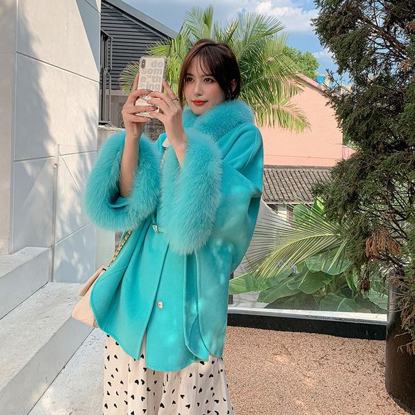 

women's wool & blends elegant london style bridal wedding real fur cape cloak vintage natural woolen coats, Black