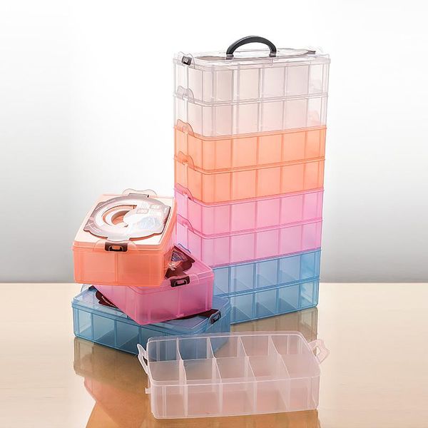 

jewelry pouches, bags 3size colorful transparent detachable plastic three-layer rectangular storage box beads earrings organizer, Pink;blue