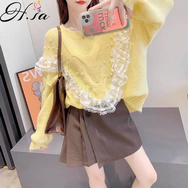 

women's sweaters hsa beaded lace sweater pullover 2021 autumn korean style solid color loose chic sweet pull jumper knitted top, White;black