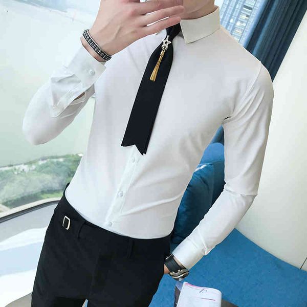 

men's casual shirts black/white/wine red plus size long sleeve for men clothes 2021 simple slim fit streetwear tuxedo formal wear, White;black