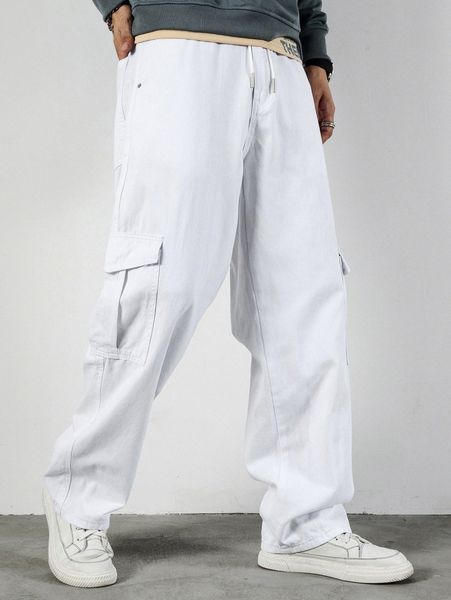 

men drawstring waist cargo jeans s1af#, Blue