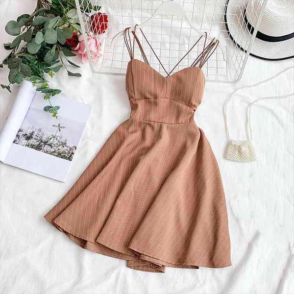 

woman summer backless dress retro striped v-neck chest pad thin a line fluffy big swing dress, Black;gray