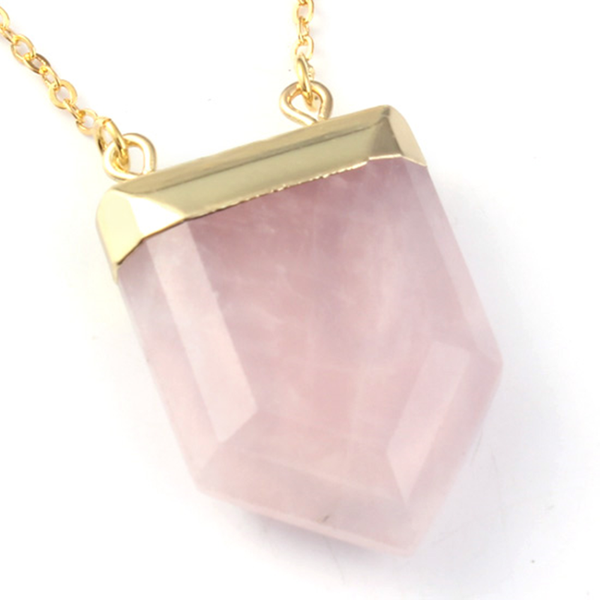 

rose pink quartz light yellow gold color shield polygon pendant tiger eye stone necklace fashion jewelry necklaces, Silver