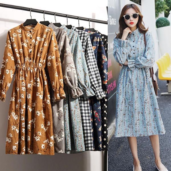 

casual corduroy floral dress women autumn winter vintage long sleeves ruffles button stand collar midi dresses vestidos, Black;gray