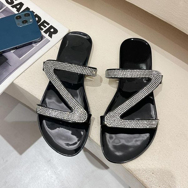 

slippers 2021 summer bright diamonds women's platform sandals flip flop outdoor fashion rhinestones lazy, Black