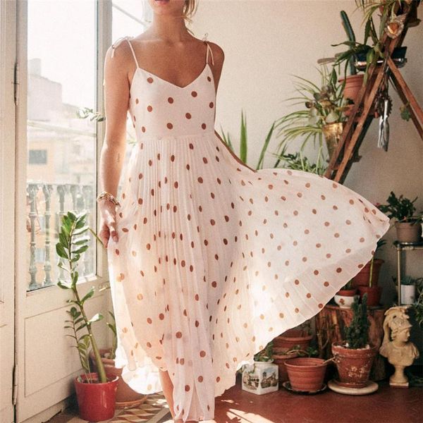 

casual dresses women summer midi dress chic sleeveless polka dot print beach holiday party white clothes, Black;gray