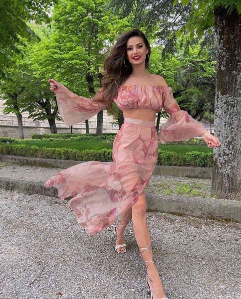

two piece dress women vintage off shoulder long sleeves printed set elegant ruffle fashion celebrity party suit lfc4, White