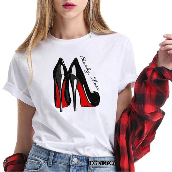 

fashion t-shirts high heels print women's short sleeve, White