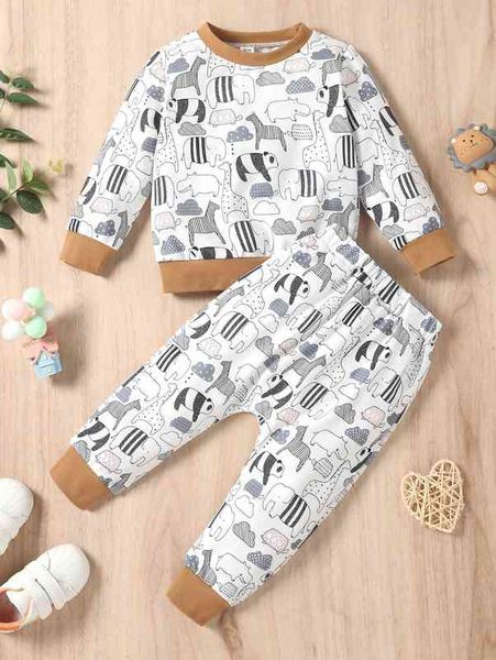 

baby animal print contrast trim pullover & sweatpants she, White