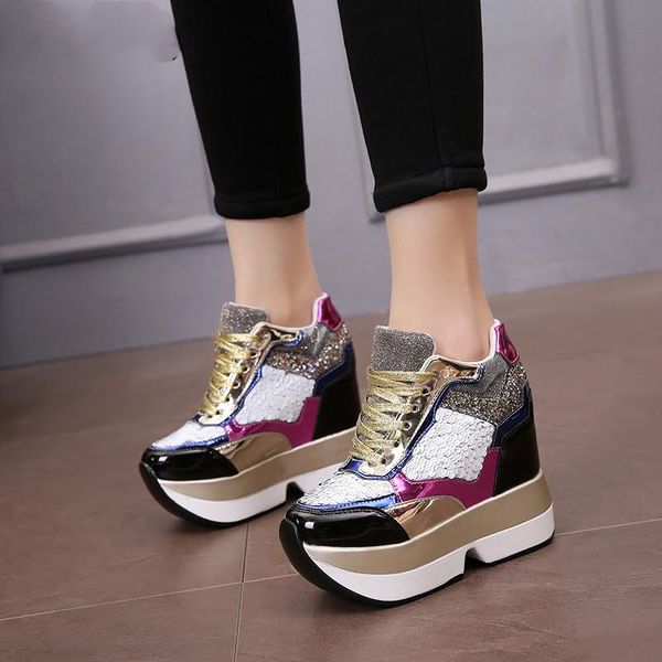 

boots spring high platform 12cm heel women thick sole shoes sequin leather wedge sneakers waterproof breathable casual shoe, Black