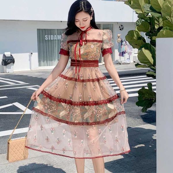 

summer flower embroidery mesh dress women short sleeve o-neck bow vintage female high waist slim party robe vestidos 210526, Black;gray