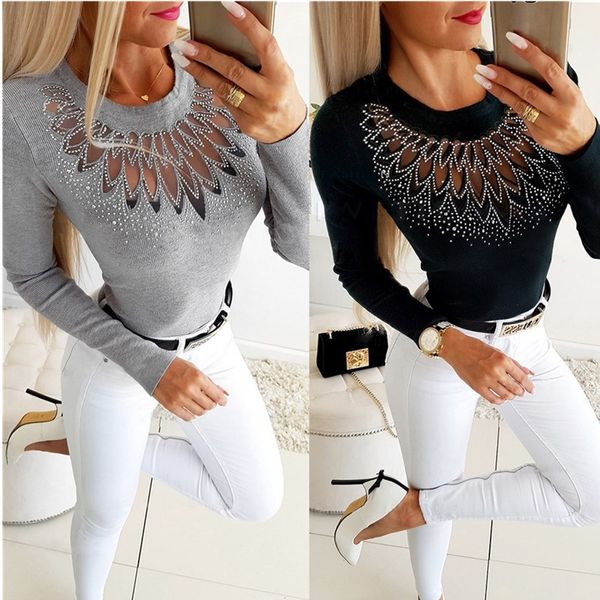 

oufisun autumn hollow out gauze diamonds decor long sleeve t-shirt elegant o-neck slim solid womens lady t-shirts 210517, White